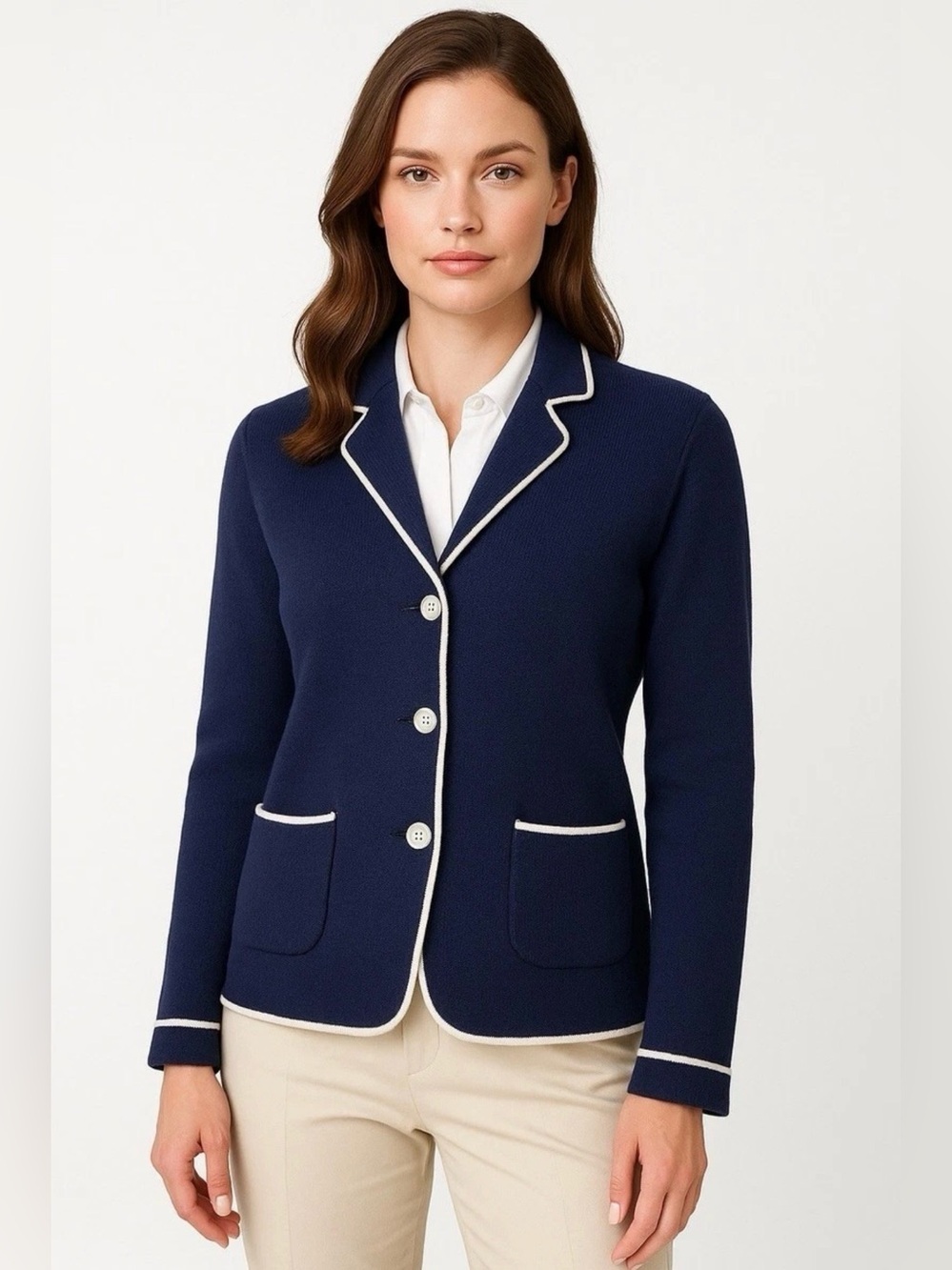 Lauren Ralph Lauren Cotton Sweater-Knit Blazer in Navy with White Piping. Size M